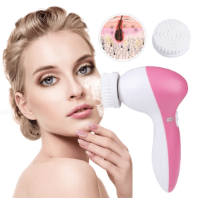 Waterproof Facial Cleansing Brush Face Spin Cleaning Brush Scrubber With 5 Brush Heads For Women (Color: Pink)