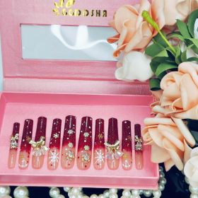 GGddsha Long Handmade PMMA Acrylic Nails Red WithSnowflake Rhinestone Bell Design Reusable Full CoverageFalse Nail Ladies False Nail Set,Lumiere Neige (Option: L)